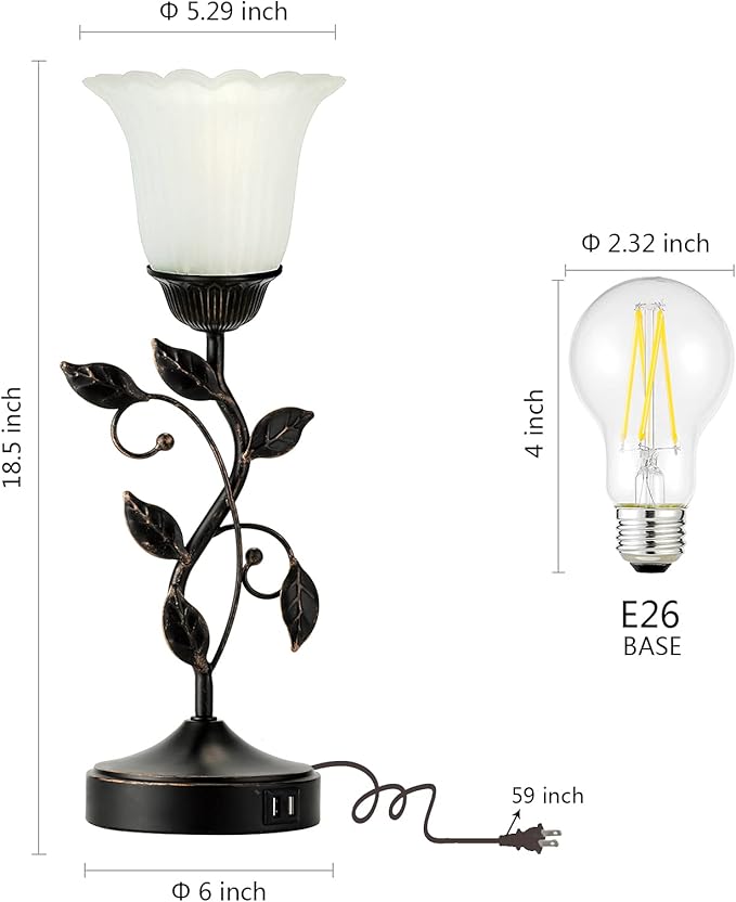 RORIANO Touch Bedside Lamp with 2 USB Charging Ports, 3-Way Dimmable Nightstand Lamps, White Glass Shade Vintage Rural Leaf Lamp for Living Room Tabletop Bedroom Side Table, LED Bulb Included