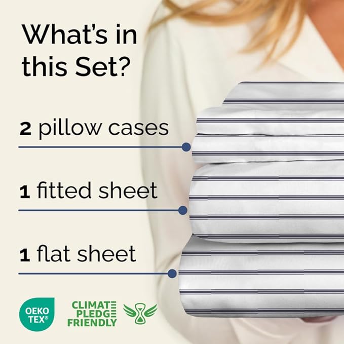 Blue and White Striped Sheets - 1 Flat & 1 Fitted Sheet & 2 Pillowcases w/ Deep Pockets - Cozy, Wrinkle & Fade Resistant - Ultra-Soft, Breathable & Cooling - Luxury Pinstripe Bedding - King Size