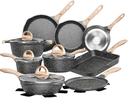 JEETEE Pots and Pans Set Non Stick 23pcs, Healthy Kitchen Cookware Sets, Induction Cooking Set W/Gray Frying Pans, Saucepans, Sauté & Griddle & Crepe Pan (PFOA, PFAS, PFOS Free)