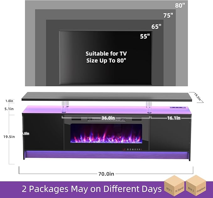 Ludatido 70 Inch TV Stand with 36 inch Electric Fireplace 27 Inch high LED Light Entertainment Center Easy to Assemble for TVs Up to 80'' with USB&AC Power Interface Black with Acrylic Support