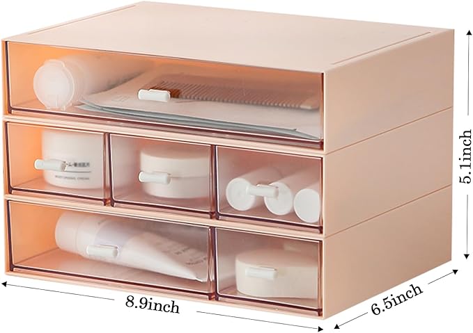 Desk Organizer with 6 Drawers, Makeup Organizer, Plastic Makeup Storage, Cosmetic Storage Organizer, Desk Storage Box, Bathroom Organization Boxes, Desktop Storage Box(Pink)