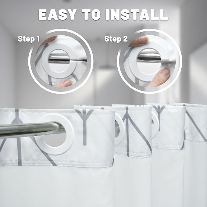 No Hook Geometric Striped Shower Curtain with Snap in Liner Set - Hotel Shower Curtain and Liner Set with See Through Mesh Top Window,Machine Washable, 71x74 INCH - Grey & White Herringbone