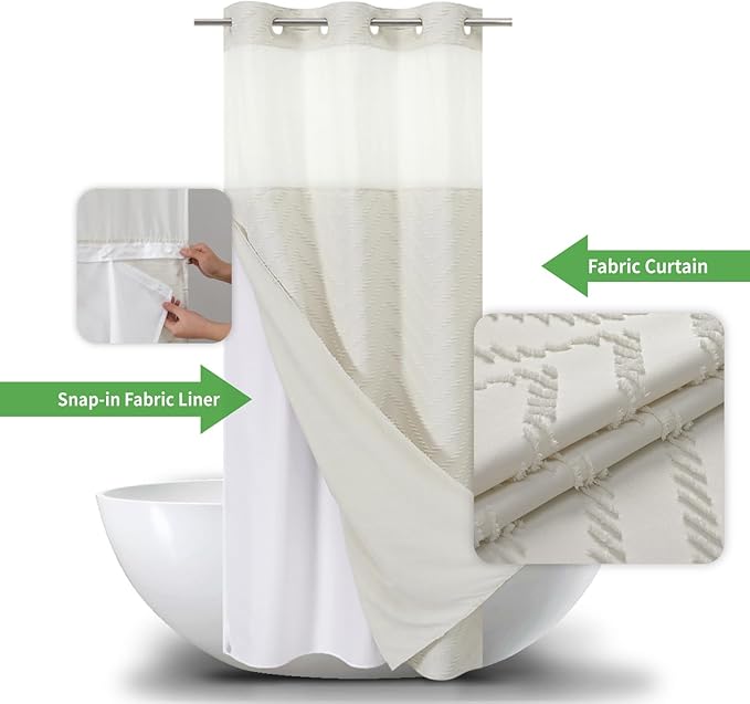 No Hook Boho Farmhouse Shower Curtain with Snap-in Fabric Liner set-36Wx74H(72H),Cream Tufted Chevron Striped Hotel Grade Cloth Shower Curtains for Bathroom with Window,Water Repellent