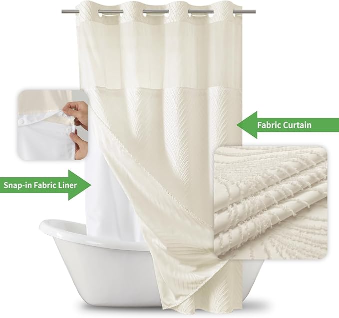 stall no Hook Tufted Shower Curtain with snap in Liner Set, White Waterproof Fabric Inner Liner,Boho Style Shower Curtain with See Through top Window, Cream, 54Wx80H