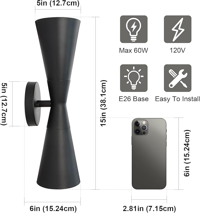 Wall Sconce Bathroom Sconces Wall Lighting, 15 inch Black Modern Sconces Up Down Lights Wall Decor Indoor Wall Light Fixtures for Living Room Hallway Staircase Bedroom Hardwired