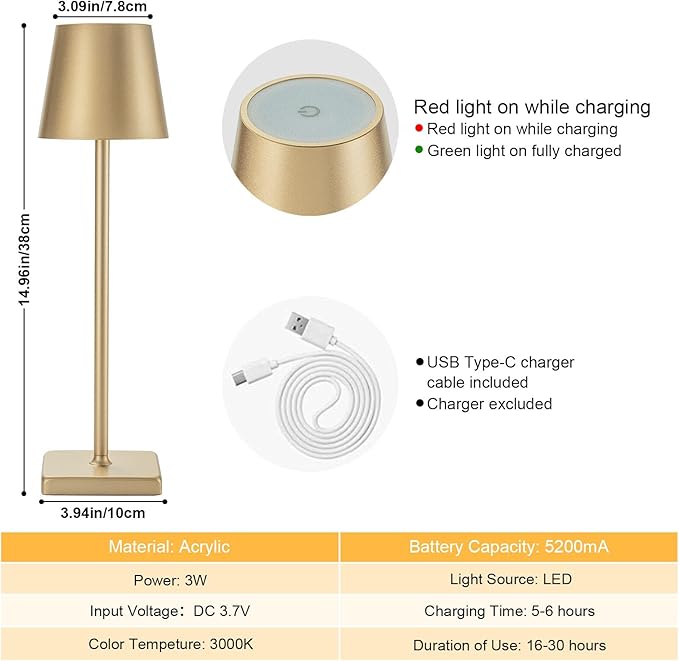 2 Pack Rechargeable Cordless Table Lamps, 5200mAh Battery Touch Table Light, Aluminum Shell Stepless Dimmable Portable LED Desk Lamp for Dinner/Restaurant/Outdoor Gold