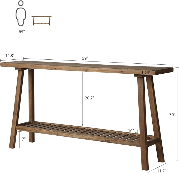 Reclaimed Solid Wood Console Table, 59" Long Farmhouse Entryway Tables, Rectangular Couch Table Behind Sofa, 2 Tiers Accent Tables for Hallway, Entrance, Foyer, Living Room