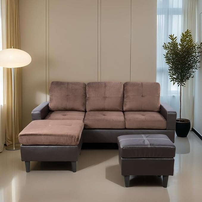 L Shaped Sofa with Ottoman, Modern Faux Leather Couch with Chaise, 3 Seat Living Room Sofa Set with Solid Wood, for Home, Apartment, Study Room, Brown Chocolate
