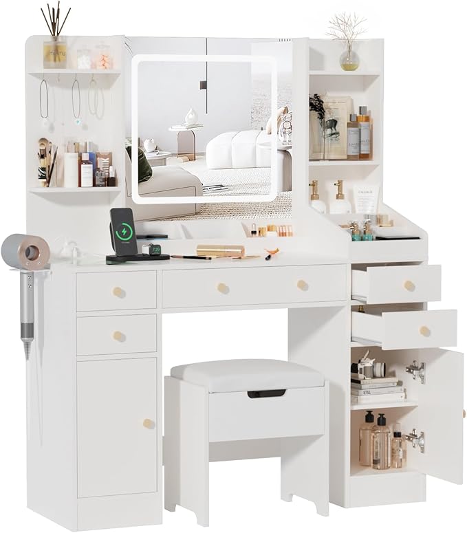Vabches Vanity Desk with Mirror and Lights, 5 Drawers Makeup Vanity Table with Storage Chair, 44.9in Big Vanity Dresser 3 LED Lighting Modes,Power Outlet,Bedroom White