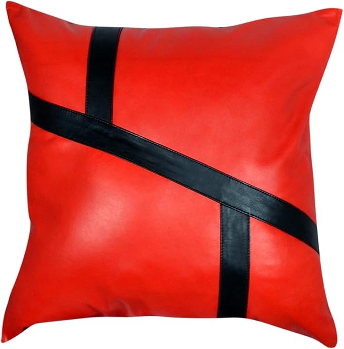 D DOLLY LAMB Lambskin Leather Pillow Cover - Sofa Cushion Case - Decorative Throw Covers for Living Room & Bedroom, 14x14 Inches - 03 Red Pack of 1