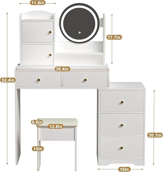 Makeup Vanity Desk with Mirror & LED Lights, Cushioned Chair, Vanity Table Set for Bedroom with 5 Storage Drawers, Stylish Dressing Table with 3 Color Lighting for Girls & Makeup Enthusiasts
