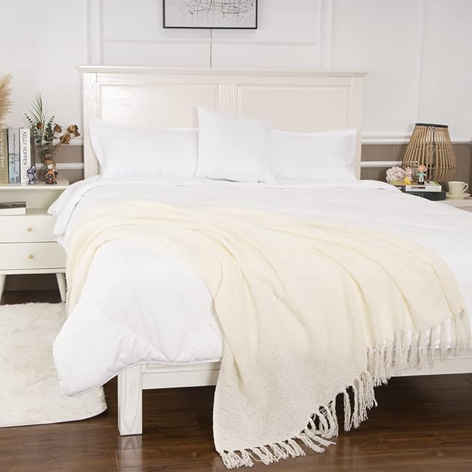 Gealaek Decorative Fluffy White Throw Blanket Cream Fringe Lightweight Faux Cashmere Fuzzy Soft Cozy Throws for Sofa Bed Farmhouse 50" x 60"