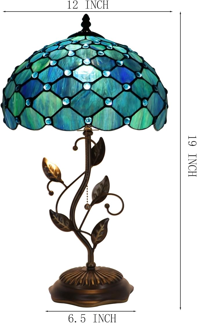 Tiffany Table Lamp, Stained Glass Desk Light, W12H19 Inch, Metal Leaf Base (Sea Blue Pearl Style)