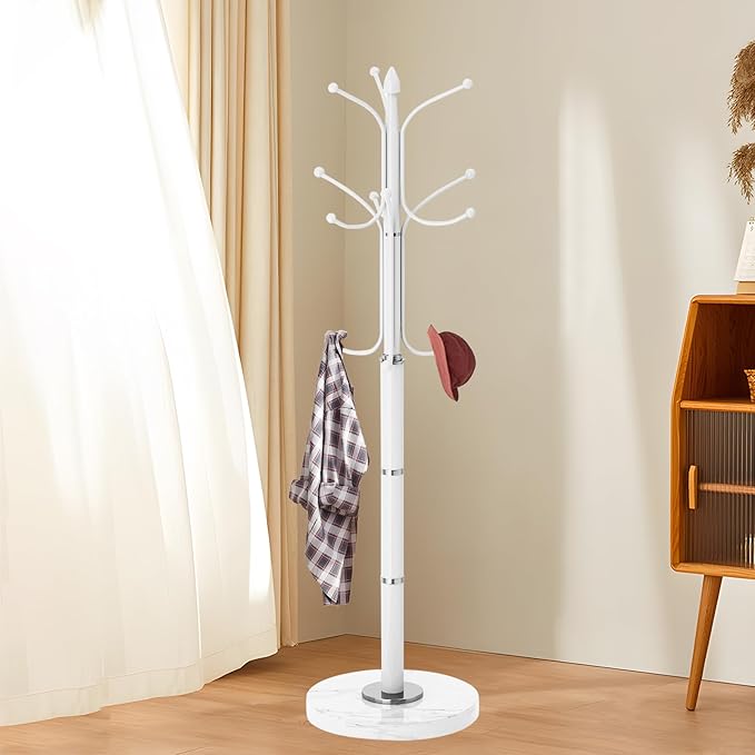 Metal Coat Rack Stand, Modern Freestanding Coat Rack with Natural Marble Base, White Coat Racks and Coat Hall Tree Hanger Stand with 12 Hooks for Entryway, Hallway, Office