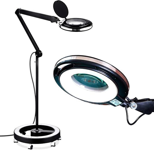 Brightech Lightview Pro Magnifying Glass with Stand & Light, Magnifying Floor Lamp with 6-Wheel Rolling Base for Facials & Lashes – Dimmable LED Work Light for Crafts, Sewing, and Projects - 5 Diopter