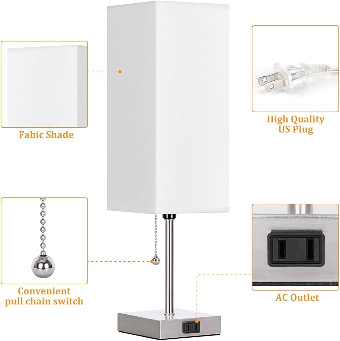 Table Lamp for Bedroom set of 2,3-Color Bedside Lamps with Pull Chain Table Lamps for Nightstand with AC Outlets,18'' Night Light Lamps with 2 Bulbs Lamps for Living Room Kids Office Decor（Nickel）
