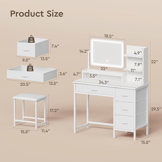 Makeup Vanity Desk with Mirror and Lights, Small Vanity with Fabric Storage Drawer & Chair & Shelves, White Compact Makeup Vanity Set for Bedroom