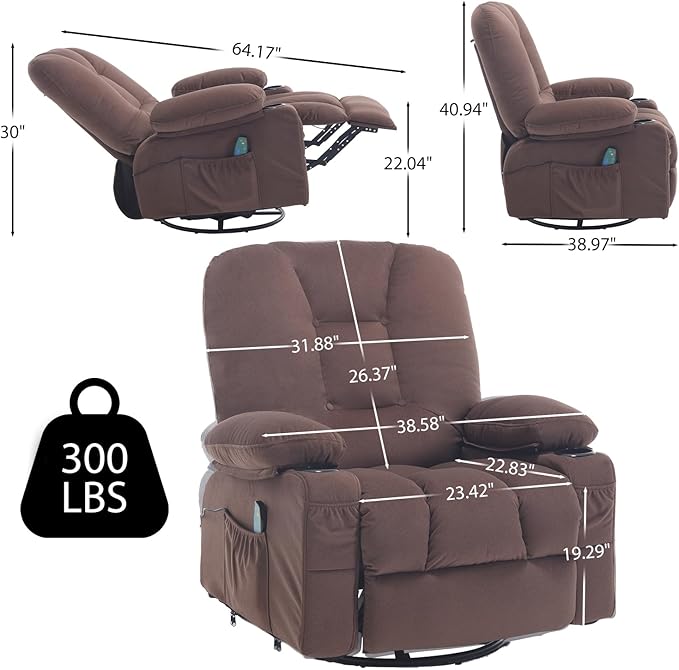 Recliner Chair for Adults, Rocker Recliners with Massage and Heat, Fabric Overstuffed Swivel Glider with Cup Holder Side Pocket, Manual Reclining Sofa Chair for Living Room,Brown