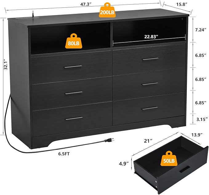 LIDYUK Black Dresser for Bedroom, 6 Drawer Dressers & Chests of Drawers, Modern Wood Dresser with Charging Station and LED Lights, 48 Inches Wide Chest of Drawers for Bedroom, Hallway, Living Room
