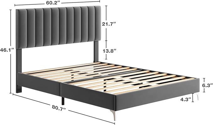 IDEALHOUSE Queen Bed Frame with Velvet Headboard Adjustable, Strong Wooden Slat Support, No Box Spring Needed, Noise Free Sleep,Easy Assembly, Dark Grey