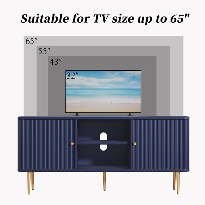 ARTPOWER 55” Fluted TV Stand, Mid Century Modern Blue TV Stand for 55/60/65 inch TV, Entertainment Center with Storage, Television Stands, TV Console, Media Console for Living Room, Bedroom (Blue)
