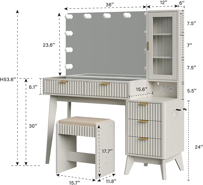 Fluted Makeup Vanity Desk with 36" 11 LED Lights Mirror, 48" Big Modern Vanity Desk with 5 Drawers and Storage Shelves & Power Outlet, Glass Top for Bedroom, White