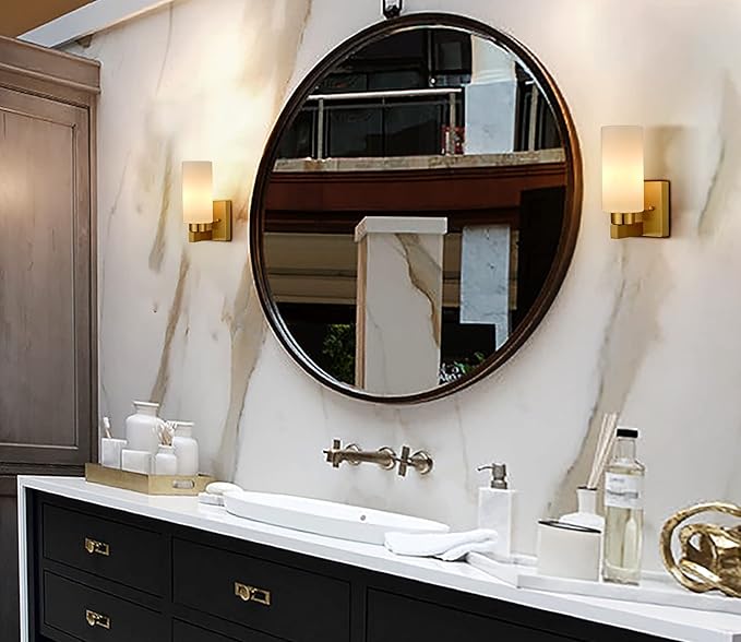 Modern Wall Light Fixtures Brass Bathroom Vanity Light with Milky White Cylinder Glass Shade Set of 2