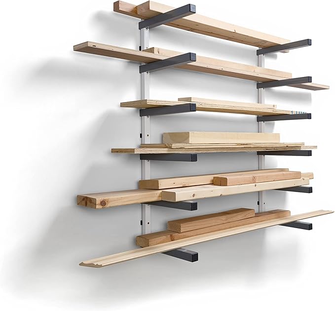 Bora 6 Level Lumber Storage Rack Wood and Garage Organization Space Saving Metal Shelf for Pipes, Boards, Plywood, and Building Materials - PBR-0620 White Gray