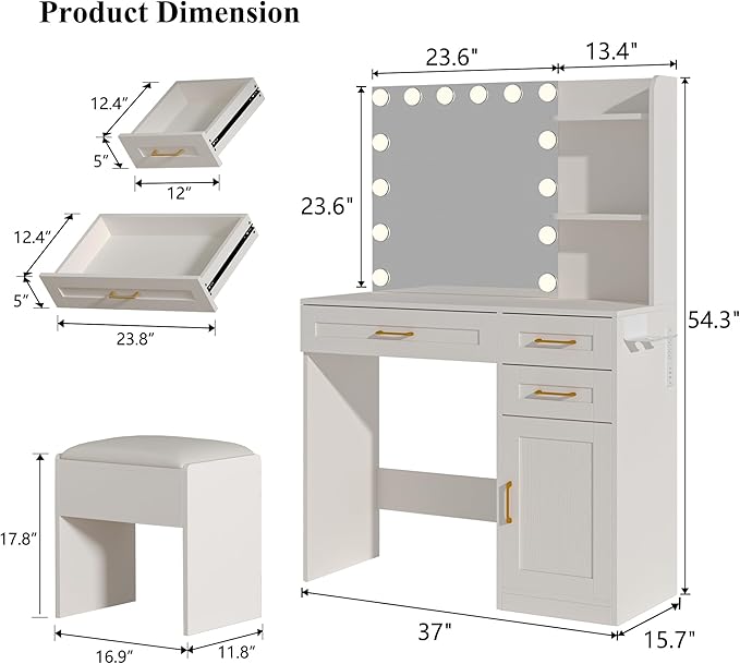 Vanity Desk with Lights, 37inch Makeup Vanity Desk with Mirror & Power Outlet, 3 Colors Lighting Adjustable Brightness, Makeup Vanity Set with Cushioned Chair and Cabinet, 3 Drawers, White