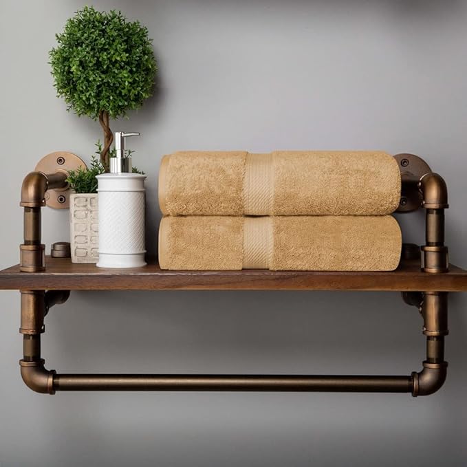 Superior Egyptian Cotton Pile Bath Towel Set of 2, Ultra Soft Luxury Towels, Thick Plush Essentials, Absorbent Heavyweight, Guest Bath, Hotel, Spa, Home Bathroom, Shower Basics, Toast