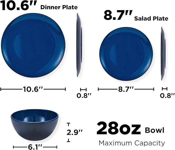TP 18-Piece Dinnerware Set, Melamine Dishes Set with Bowls and Plates, Service for 6, Non-breakable Lightweight Dining Tableware, Blue and Black