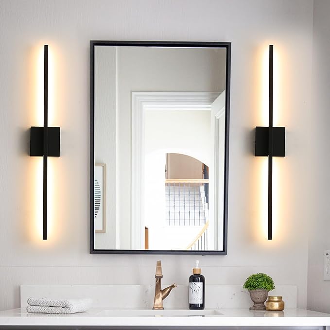 Wall Sconces Set of Two, Black Modern Wall Sconce Light for Bathroom, Living Room, Bedroom, Hardwired 3000K 28''
