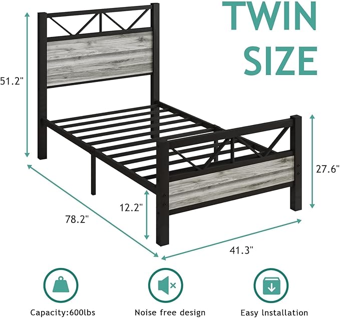 Twin Bed Frames with Tall Headboard, Industrial Twin Platform Bed Frame with Heavy Duty Metal Slats Support, No Box Spring Needed, Noise-Free, Easy Assembly, Wash Grey