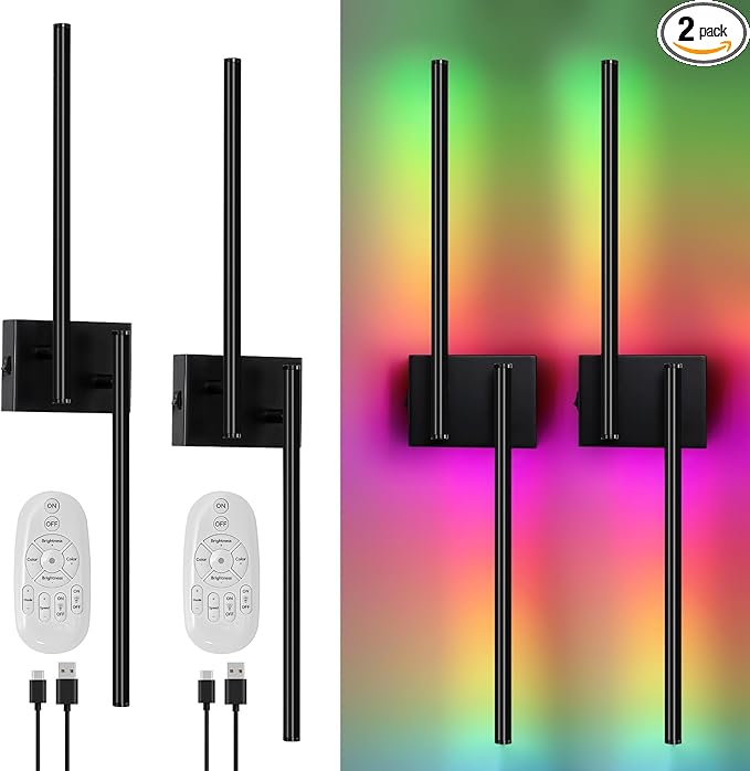 Battery Operated Wall Sconce, 12 Dynamic Modes Wall Sconces Set of Two Battery Operated, 32H Using Time Rechargeable Battery Operated Wall Lights, LED Wireless Sconces for Bedroom 210°Rotate