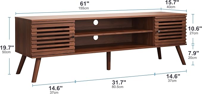 61" Mid Century Modern TV Stand for 50/55/60/70 inch TV, TV Media Console with Slatted Doors for TVs up to 70", Entertainment Center with Storage for Living Room, Bedroom, Walnut