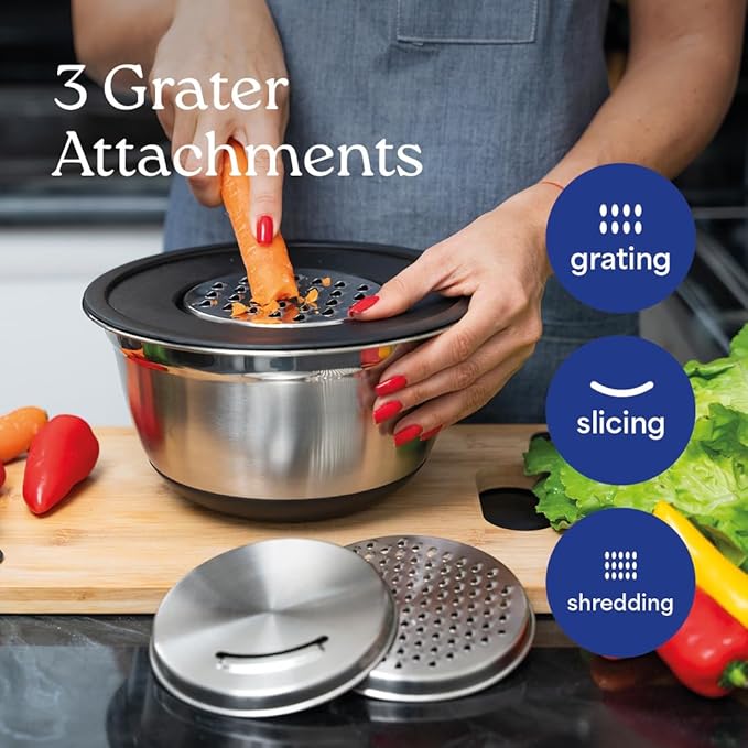 WHYSKO Stainless Steel Mixing Bowls with Lids Set - 5 Rustproof Metal Nesting Mixing Bowls for Kitchen, Meal Prep, Baking, Cooking, Storage - Includes 3 Grater Attachments, Dishwasher Safe