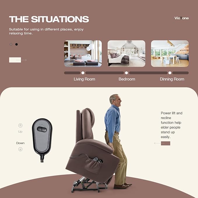 VICTONE Electric Power Lift Recliner Chair for Elderly Reclining Sofa for Living Room with Massage, Side Pockets and Cup Holders (Leather, Brown)