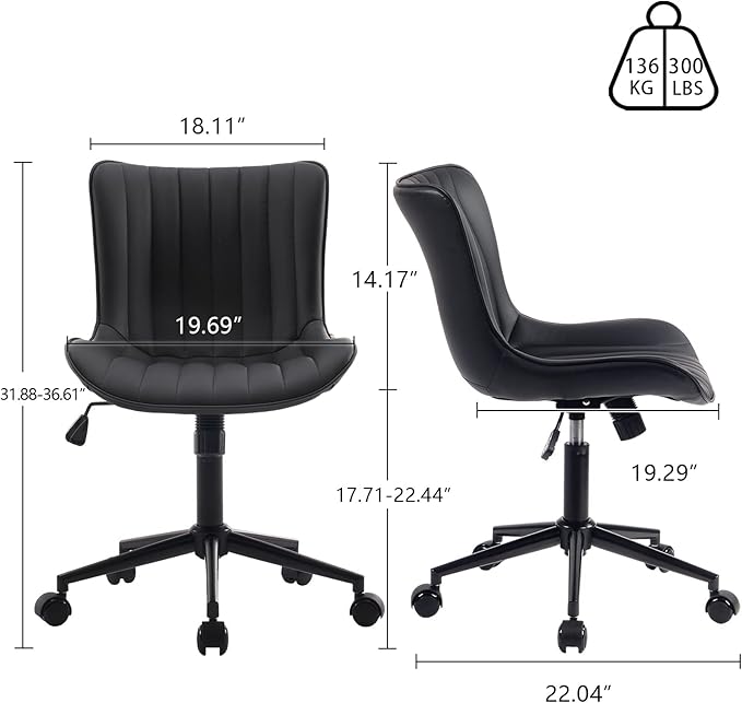 YOUNIKE Black Compact Home Office Desk Chair with Wheels Comfy Armless Cute Vanity Chair with Adjustable Rocking Back Modern Leather Upholstered Rolling Swivel Small Task Drafting Sewing Chair