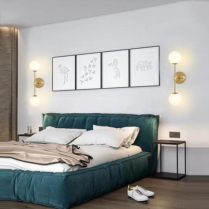 Modern Wall Sconce 2-Lights Industrial Mid Century Bathroom Vanity Wall Light with White Globe Glass Lampshade Brushed Brass Finished Lighting Fixture (Gold Color)