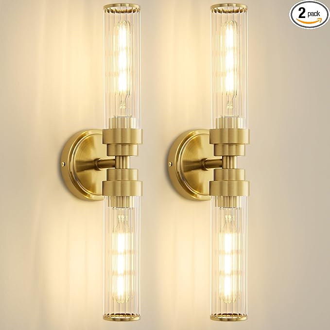 Bathroom Light Fixtures, Gold Wall Sconce in Threaded Glass Vanity Lights 2 Pack, Modern Bathroom Vanity Light Up and Down Sconces Wall Lighting for Bathroom, Living Room - Bulb Not Included