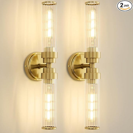 Bathroom Light Fixtures, Gold Wall Sconce in Threaded Glass Vanity Lights 2 Pack, Modern Bathroom Vanity Light Up and Down Sconces Wall Lighting for Bathroom, Living Room - Bulb Not Included