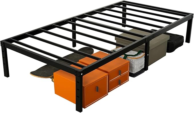 Twin Bed Frames, Heavy Duty Metal Frames with Steel Slats Support, No Box Spring Needed, 16 Inch High Metal Platform Bed Frames with Storage, Non-Slip and Noise-Free, Black
