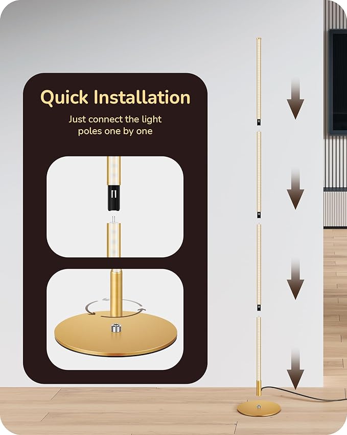 EDISHINE LED Corner Floor Lamp, Dimmable Standing Light with Remote, 7 Color Temperature 2700K-6000K, 57.5" Modern Floor Lamp for Bedroom, Living Room, Office, Gold