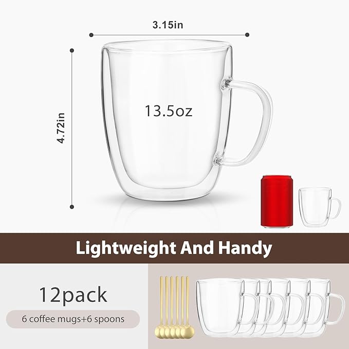 Glass Coffee Mugs Set Of 6, 13.5 OZ Insulated Double Wall Coffee Cups, Perfect for Cappuccino, Latte, Americano, Tea Bag, Beverage,Glass Coffee Cups With Handles