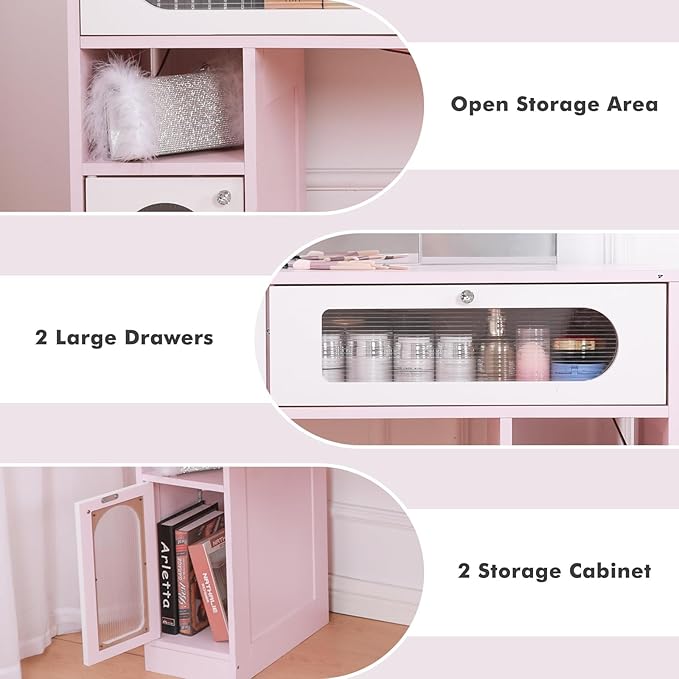 Vanity Desk with Arched Tri-Fold Mirror, Dimmable Vanity Table, LED RGB Makeup Vanity with 2 Drawers, 2 Open Storage Area & 2 Cabinets, Gifts for Girls/Women, Dressing Table (Pink)