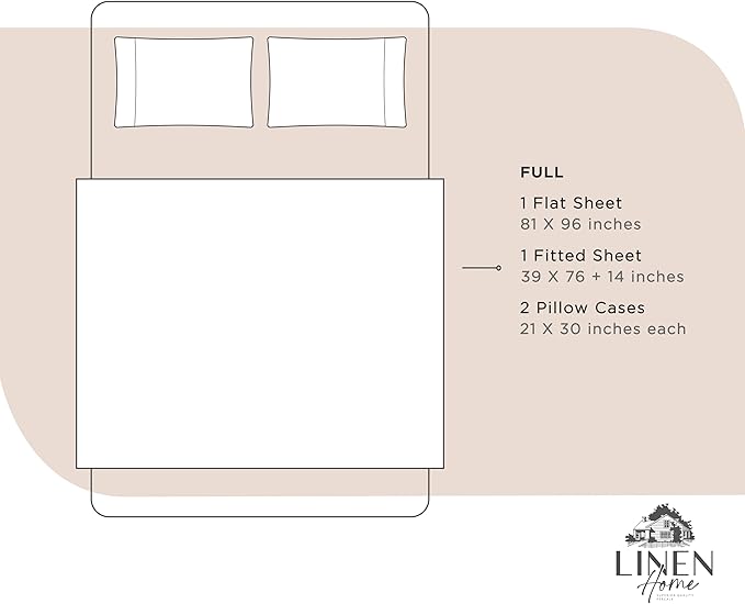 Linen Home 100% Cotton Percale Sheets Full Size, Sand Shell, Deep Pocket, 4 Pieces Set - 1 Flat, 1 Deep Pocket Fitted Sheet and 2 Pillowcases, Crisp Cool and Strong Bed Linen