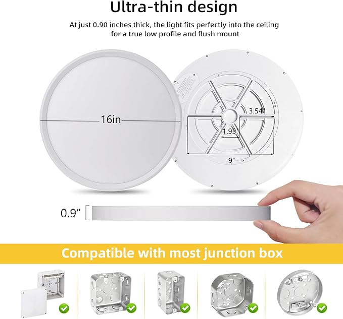 Led Flush Mount Ceiling Light,16 Inch 32w 3480lm,3000k/4000k/6000k 3CCT Selectable, Round Modern Flat Panel Super Slim Led Ceiling Light,for Living Dining Kitchen Bedroom Room (1Pack-White)
