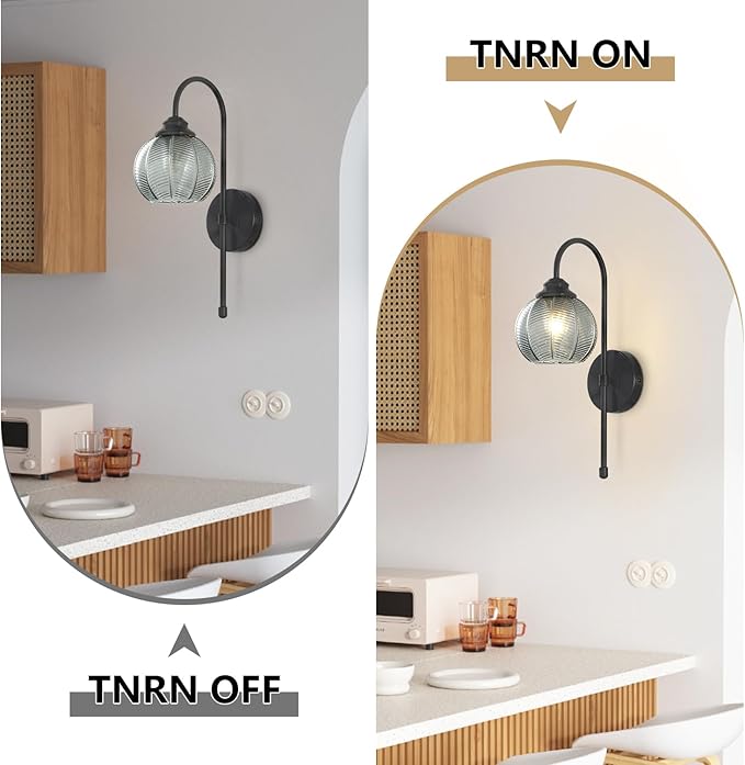 KCO Lighting Modern Glass Globe Wall Sconce Smoke Gray Glass Vanity Light Long Black Wall Sconces Set of Two Industrial Mid Century Wall Sconce Bedroom Wall Lamps Hardwired