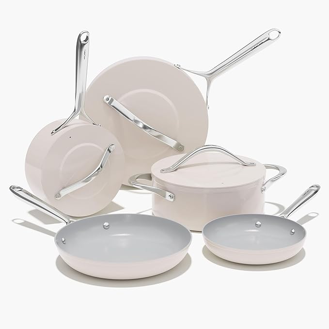 Cookware Set Nonstick Ceramic Pots & Pans Set 8-Piece PFAS-Free Non-Toxic Even Heat Distribution, Fry Pans, Sauté Pan, Saucepan, Stockpot w/Lid for All Stovetops Oven Safe to 500°F, Cream