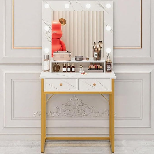 Vanity Desk with Mirror and Lights,Large Desktop Makeup Vanity Desk with 3 Color Modes Adjustable Bulb,2 Large Drawers for Bedroom/Hair Salon/Beauty Shop and Other Scenes White